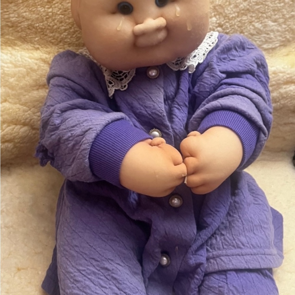 Cabbage Patch style doll with tears, textile, nylon stocking